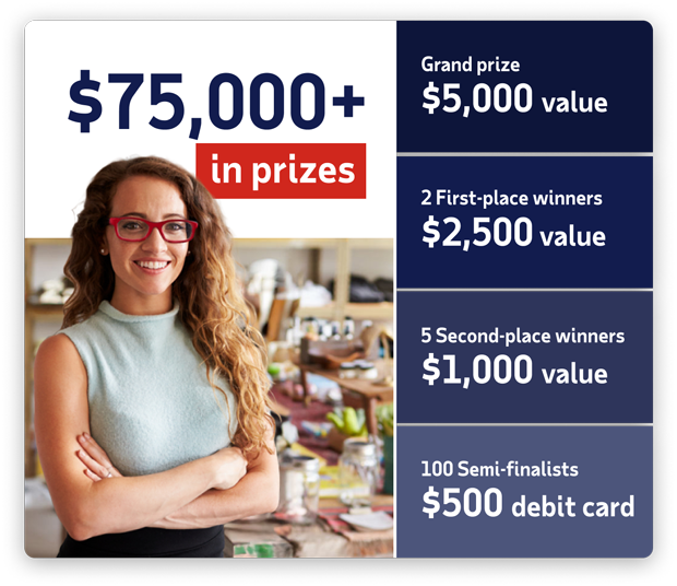 Contest prizes include a grand non-cash prize valued at $5,000, two first-place non-cash prizes worth $2,500, five second-place non-cash prizes of $1,000, and 100 semi-finalist prizes of $500 debit cards.